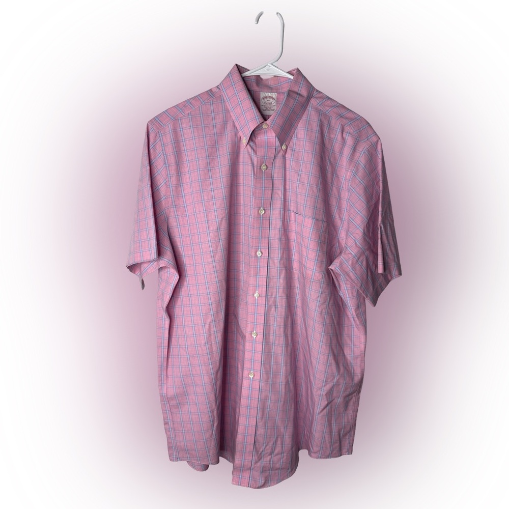 BROOKS BROTHERS Men’s Supima Cotton Short Sleeve Button Pink Blue Plaid Shirt